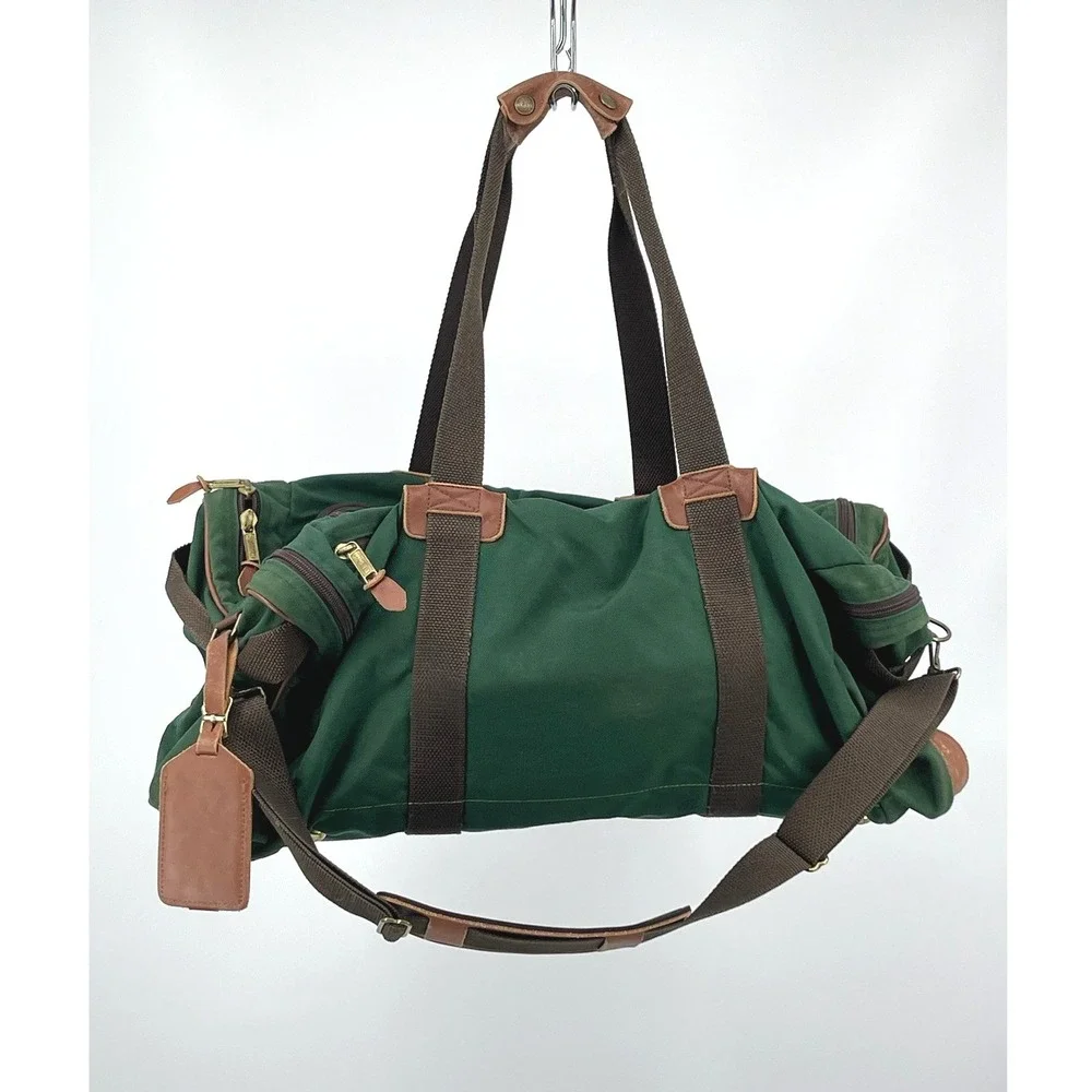 Vintage LL Bean Duffle Bag Green Canvas Leather Trim Weekender